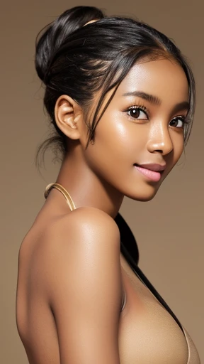 raw photo of beautiful female, looking at camera, centered portrait upper body, Miss Somalia, slim perfect face, natural look, playmate, curly hair, wet hair tied in a bun, supermodel, jet-black skin, moist skin, blushing cheek, very very small bust, closing eyes, feeling ecstasy, nude skin, in photo studio