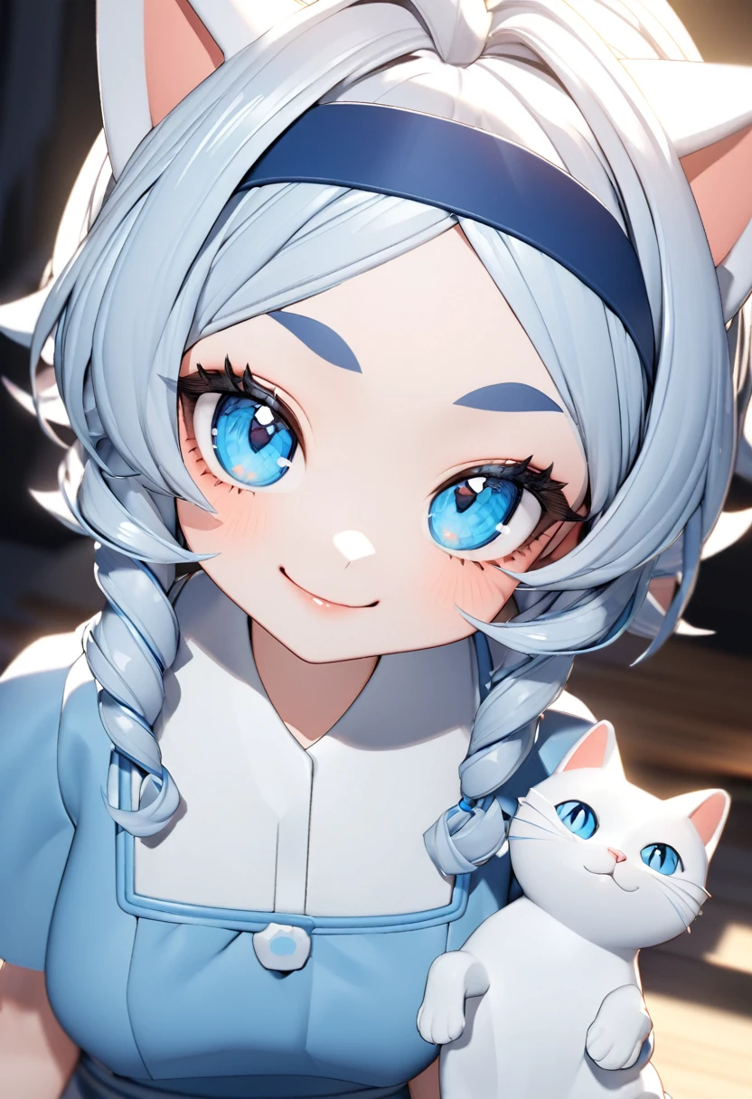 A white cartoon 3D cat，Has big blue eyes，Long eyelashes，Line eyebrows，smiling，Wearing a blue dress，Wearing a headband