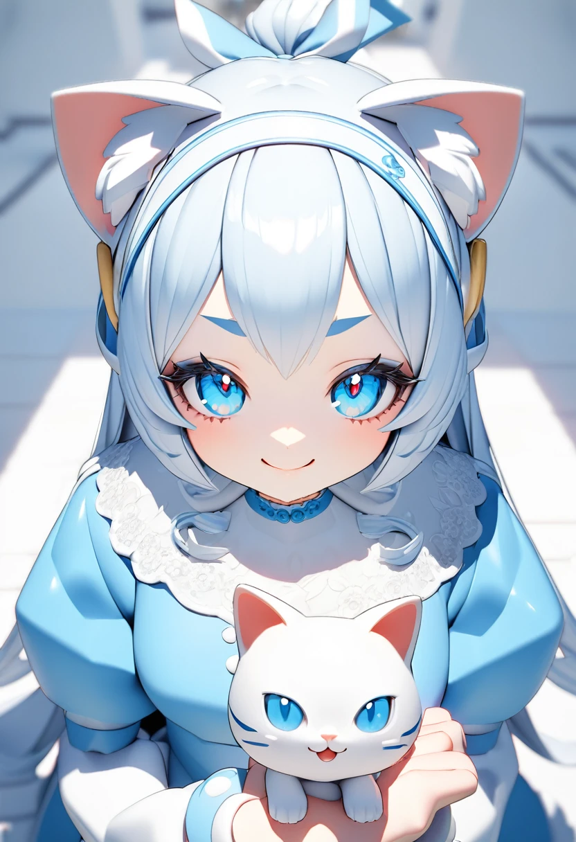 A white cartoon 3D cat，Has big blue eyes，Long eyelashes，Line eyebrows，smiling，Wearing a blue dress，Wearing a headband