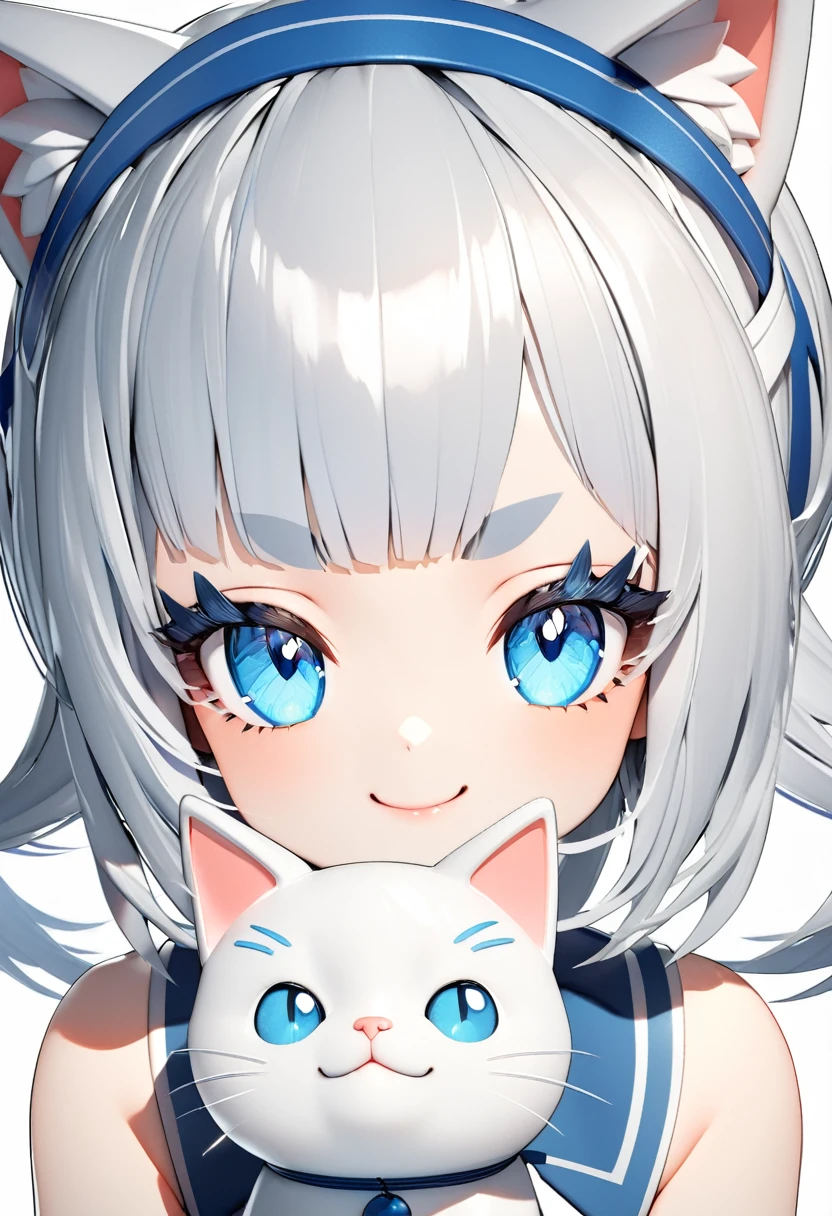 A white cartoon 3D cat,Has big blue eyes,Long eyelashes,Line eyebrows,smiling,Wearing a blue dress,Wearing a headband