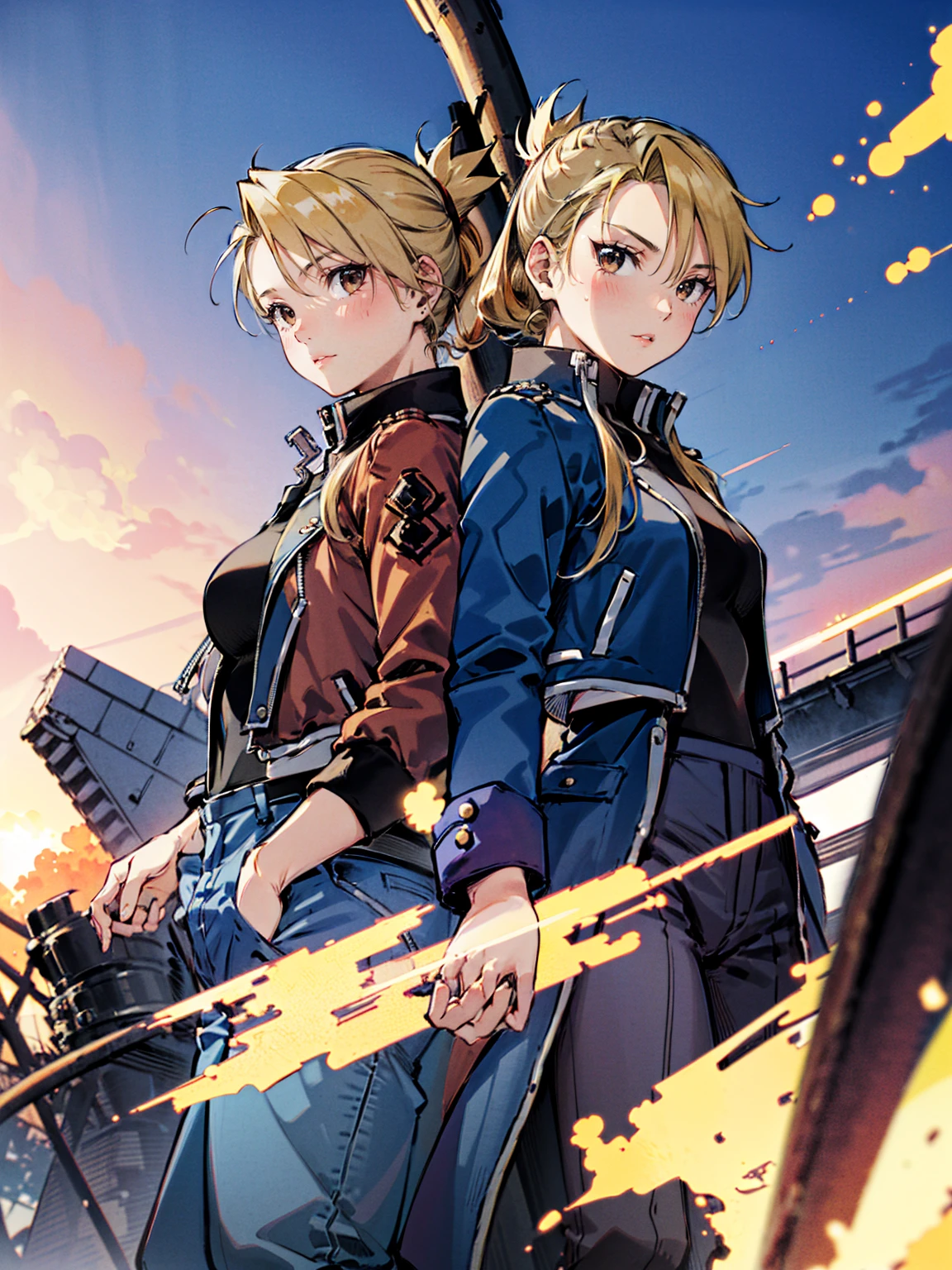 masterpiece, Highest quality, High resolution, One girl, ((Riza Hawkeye, Blue jacketの下にBlack innerwearシャツを着ている)), Folded ponytail, Brown eyes, , (uniform, Blue jacket, Blue pants), ,Big Breasts, Black innerwear
