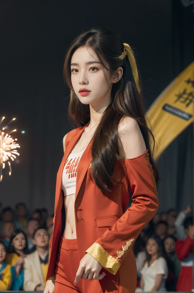 (((best quality))), (((ultra detailed))), (((masterpiece))), illustration, ((1 beautiful Chinese girl,solo)),(shoulder length straight hair:1.2),((slim,thin)),((small breasts,flat chest)),((red suit blazer, yellow pants)), excitement, pride,confident, anticipate, vibrant colors, Opening Ceremony, Olympics, enthusiastic fans, French stadium, fireworks, national colors, activity, vendors, snacks, souvenirs, roar of the crowd, historic event, electric atmosphere, beauty, joy, proud representation, pageantry, spectacle, Games, celebration, sport, boundaries, differences, snapshot, spirit,((from front,upper body))