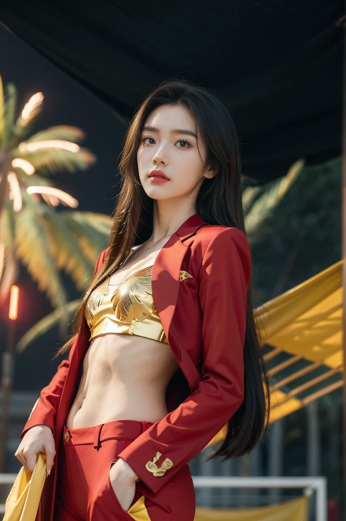 (((best quality))), (((ultra detailed))), (((masterpiece))), illustration, ((1 beautiful Chinese girl,solo)),(shoulder length straight hair:1.2),((slim,thin)),((small breasts,flat chest)),((red suit blazer, yellow pants)), excitement, pride,confident, anticipate, vibrant colors, Opening Ceremony, Olympics, enthusiastic fans, French stadium, fireworks, national colors, activity, vendors, snacks, souvenirs, roar of the crowd, historic event, electric atmosphere, beauty, joy, proud representation, pageantry, spectacle, Games, celebration, sport, boundaries, differences, snapshot, spirit,((from front,upper body))