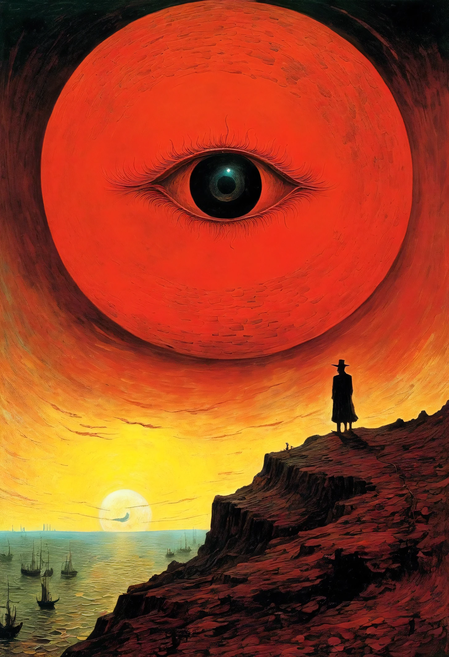 Mythical creatures, author:Zdzislaw Beksiński and Vincent van Gogh, Red moon and big eyeucha