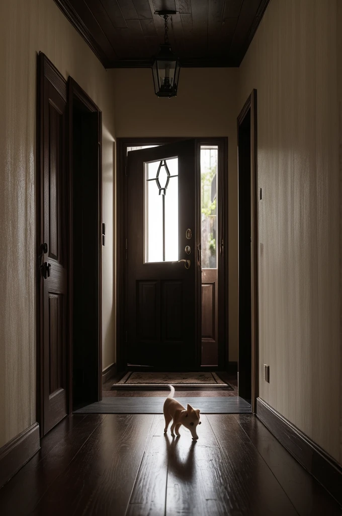A light-colored little dog sitting in front of a dark, gloomy, old house. In the doorway, there is a sinister silhouette watching the little dog, giving a horror movie vibe.