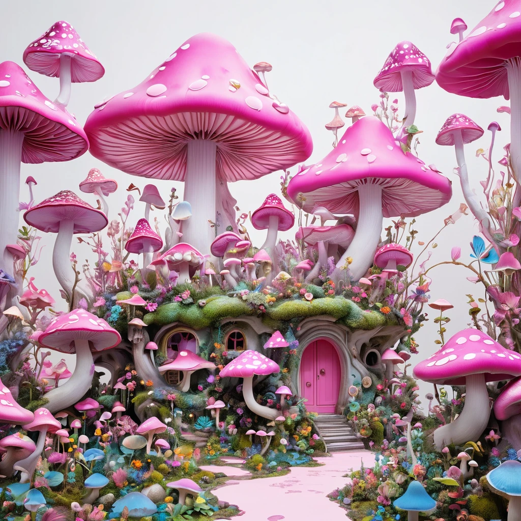 Psychedelic Art:1.6.由苹Pink buds制成的极简主义建筑组合, Decorated with flowers and mushrooms，Pink buds， Creating a surreal and dreamlike paradise, 4K, 8K, best quality, masterpiece, Reality, Extremely detailed, Pink soft colors, White background