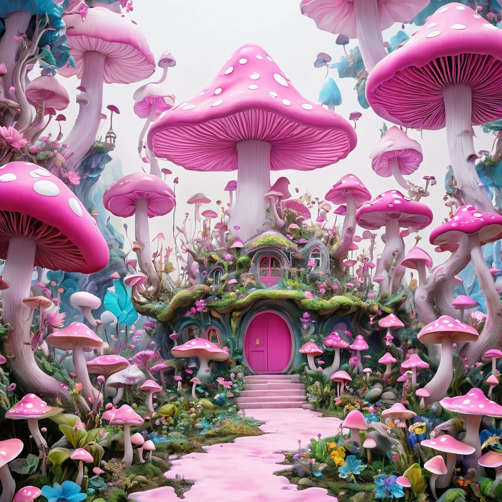 Psychedelic Art:1.6.由苹Pink buds制成的极简主义建筑组合, Decorated with flowers and mushrooms，Pink buds， Creating a surreal and dreamlike paradise, 4K, 8K, best quality, masterpiece, Reality, Extremely detailed, Pink soft colors, White background