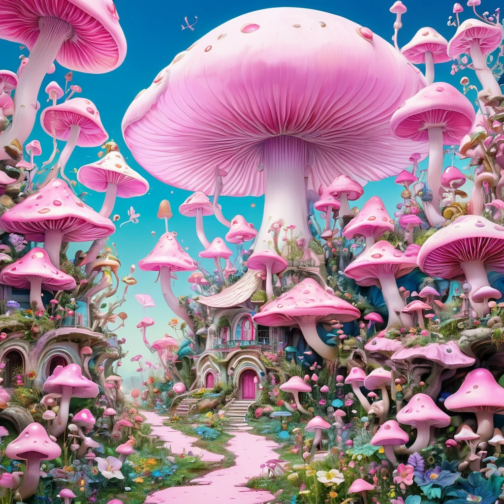 Psychedelic Art:1.6.由苹Pink buds制成的极简主义建筑组合, Decorated with flowers and mushrooms，Pink buds， Creating a surreal and dreamlike paradise, 4K, 8K, best quality, masterpiece, Reality, Extremely detailed, Pink soft colors, White background