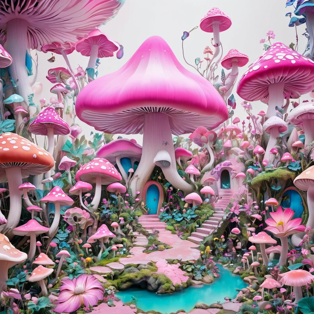 Psychedelic Art:1.6.由苹Pink buds制成的极简主义建筑组合, Decorated with flowers and mushrooms，Pink buds， Creating a surreal and dreamlike paradise, 4K, 8K, best quality, masterpiece, Reality, Extremely detailed, Pink soft colors, White background