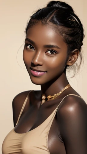 raw photo of beautiful female, looking at camera, centered portrait upper body, Miss Somalia, slim perfect face, natural look, playmate, wavy hair tied in a bun, supermodel, ((jet-black skin:1.4)), ((oily skin:1.2)), in ((beige:1.5)) , very very small bust, archaic smiling,  skin, in photo studio