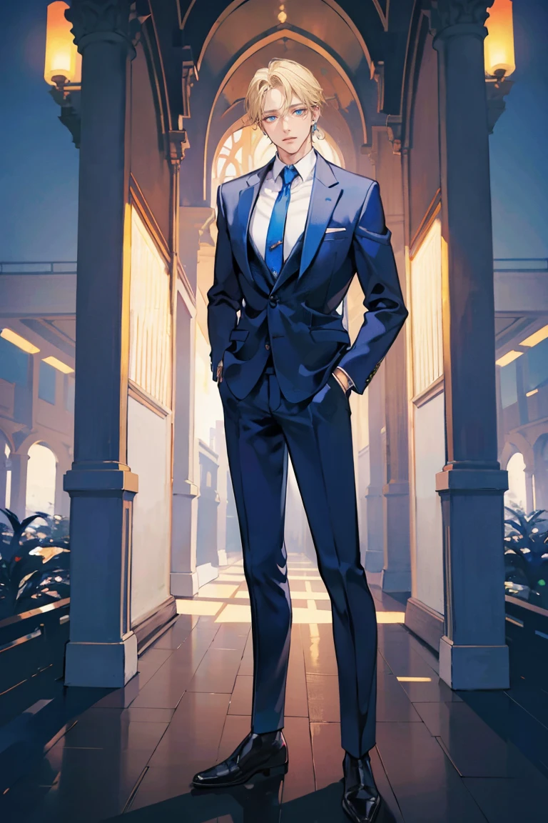 (masterpiece), best quality, seductive eyes, perfect face, handsome man, blue eyes, side part blonde hair, long nose, tan brown skin, business suit, blue necktie, extremely tall man, long legs, long calves, full body, tall man, long legs, anime cover, 1boy, ear piercings, facial piercings, hands in pockets, adult-like look, pretty but mature man
