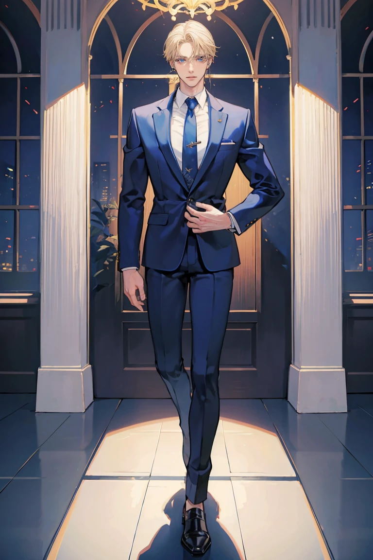 (masterpiece), best quality, seductive eyes, perfect face, handsome man, blue eyes, side part blonde hair, long nose, tan brown skin, business suit, blue necktie, extremely tall man, long legs, long calves, full body, tall man, long legs, anime cover, 1boy, ear piercings, facial piercings, hands in pockets, adult-like look, pretty but mature man

