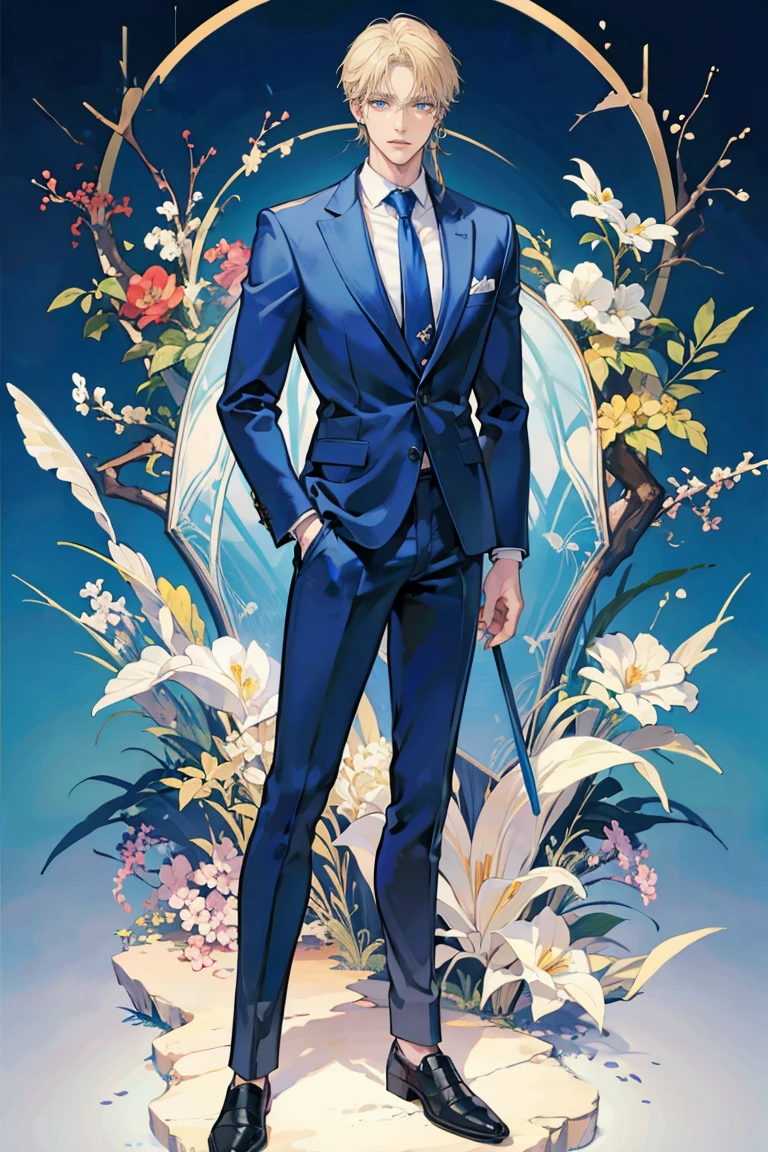 (masterpiece), best quality, seductive eyes, perfect face, handsome man, blue eyes, side part blonde hair, long nose, tan brown skin, business suit, blue necktie, extremely tall man, long legs, long calves, full body, tall man, long legs, anime cover, 1boy, ear piercings, facial piercings, hands in pockets, adult-like look, pretty but mature man