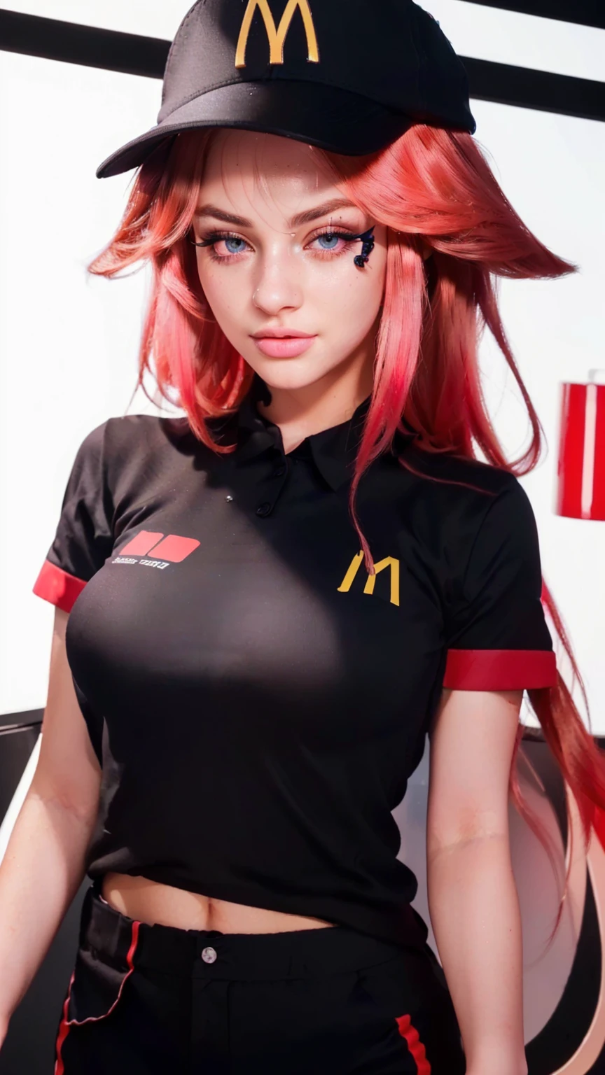 a naughty young fast food worker girl, cleavage, beautiful detailed eyes, beautiful detailed lips, extremely detailed eyes and face, long eyelashes, tight uniform, intriguing expression, (best quality,4k,8k,highres,masterpiece:1.2),ultra-detailed,(realistic,photorealistic,photo-realistic:1.37),studio lighting,UHD,vivid colors,bokeh,portrait