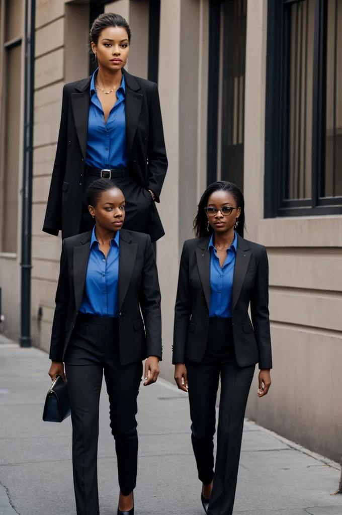 Create a black pantsuit, blue shirt and a black jacket. 