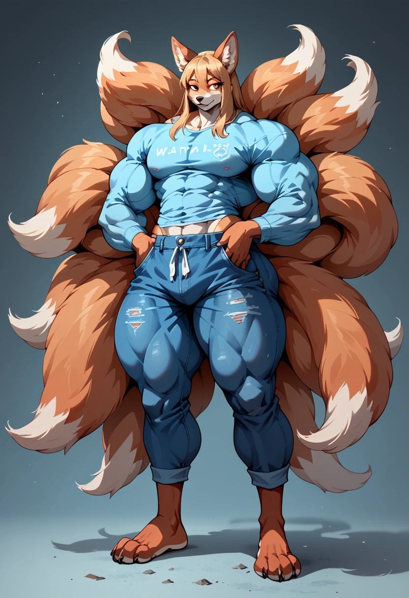 masterpiece, best quality), best resolution, (9tails:1.5), furry femboy, fox ears, fluffy fox tails, fox paws, gigantic muscular body, full body.