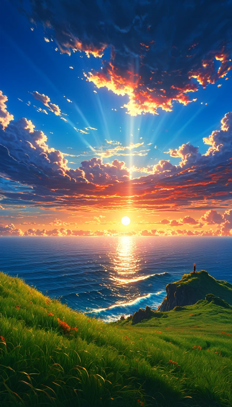 Masterpiece, high quality, 8K Ultra HD. The image shows a  with a flashlight shining into the sky watching the anime The Scary Ocean at Dusk from a grassy hill, with a background of vibrant blue sky and the red and orange tones of the sun. 4k anime art wallpaper, Shen Che-Tsai digital art, pexels, fantastic realism, among sunlit heavenly clouds, heavenly clouds, amazing sky, 4K anime art wallpaper, anime background, wallpaper 8K anime art wallpaper, anime art wallpaper, anime landscape wallpaper, amazing wallpaper, high quality wallpaper definition, 4k anime wallpaper, 4k anime wallpaper, Aries Moross art, Bob Byerley art, AshleyWoodArtAI, greg rutkowski