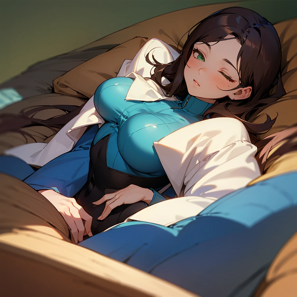 A sleeping girl 1.60 meters of dark blue hair, tight blue pajamas and very large breasts and on top of her breasts a 19-year-old boy with brown hair and green eyes wearing a brown suit 