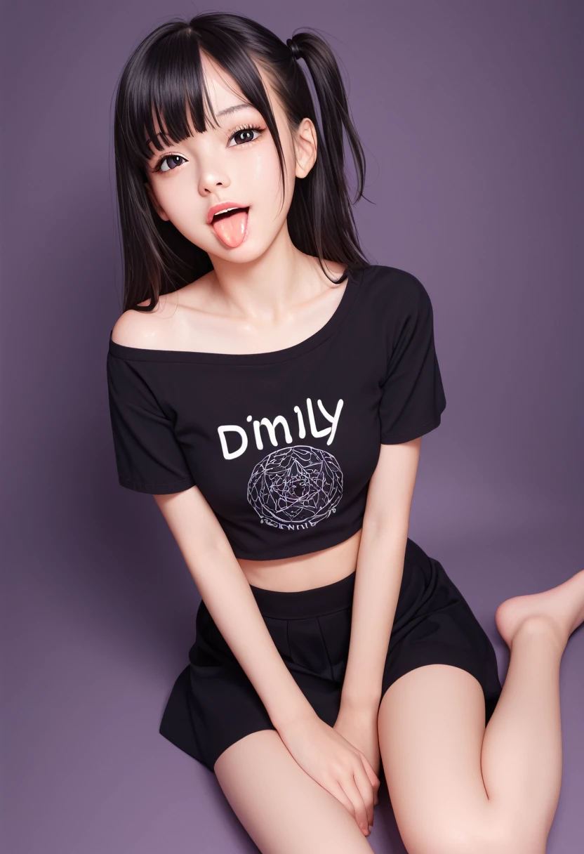 pastel colors colors t-shirt,off-shoulder look,bare shoulder,ollarbone,midriff peek,Tight mini skirt,(open mouth:1.5),(tongue out:2),sitting,hand between legs,front view,overhead shot,(1girl,Beautiful 14 year old girl),((Slender,Small breasts,Small face,)),(looking at viewer),Black Hair,bangs,one side up,Beautiful and detailed,(Dimly lit room:1.5),Mischievous smile,Black simple background