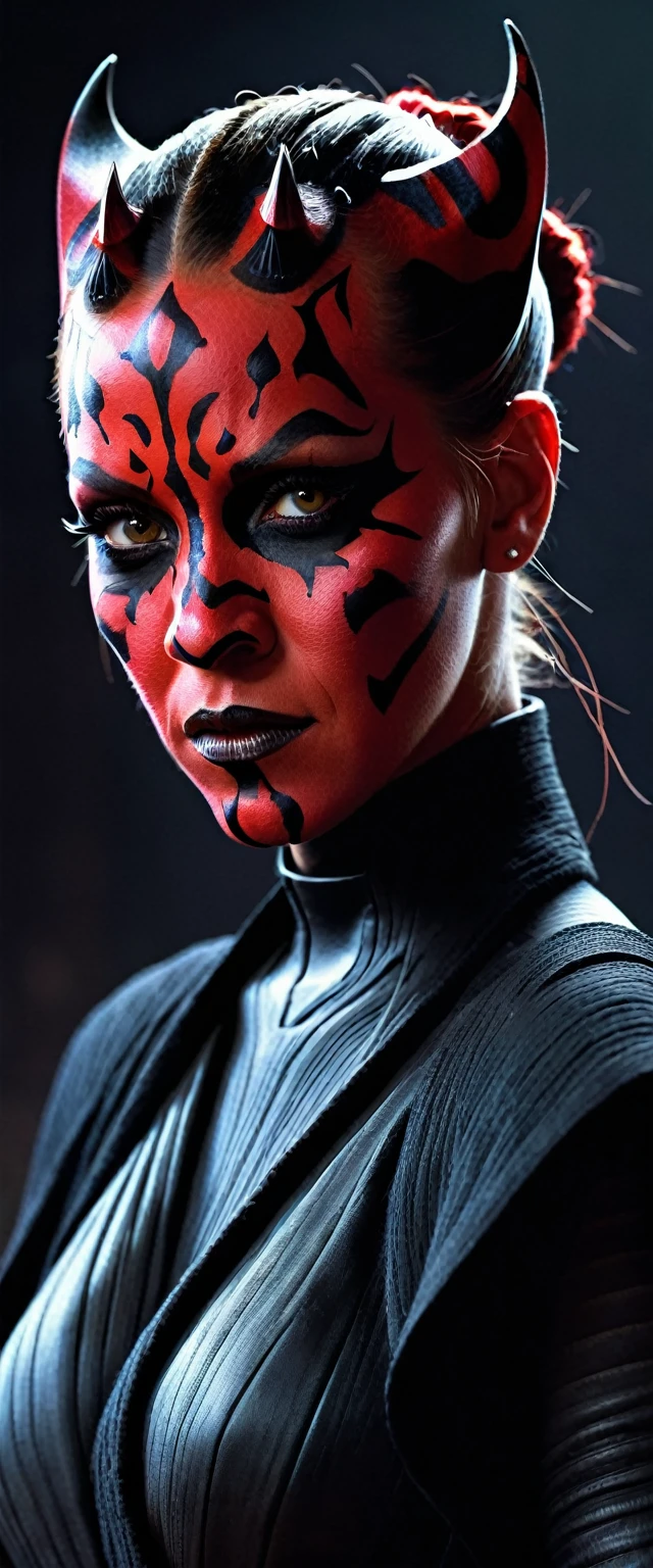 cinematic star wars, female darth maul, topless, naked, light sabber . dramatic fithing poses. full body shoot. intricate detailed face, beautiful detailed eyes, beautiful detailed lips, extremely detailed face and eyes, long eyelashes, dramatic lighting, cinematic composition, moody color palette, dramatic shadows, sci-fi, , 8k, ultra-detailed, photorealistic
