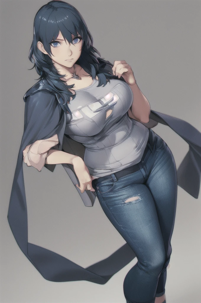 masterpiece, tight denim pants, chubby but small breasts, very thick legs++, Full body+, Solo, Realistic, Swollen face, Japanese face, Legs focus, Moderately fat body type+, 1 woman, wide shoulder, T-shirt,  light blue Denim pants, thick thighs, Thick waist++, low rise light blue denim pants, Small breasts and fat and short leg, solo, simple background, masterpiece,best quality, unreal engine, ultra res, extremely detailed,
1girl, waist , (muscular:0.4) ,slender,
byleth,
gauntlet, cape, floral print,
watching at viewer,
fealess face, 
hews style CSR STYLE
ROUND BREASTS, medium  BREASTS