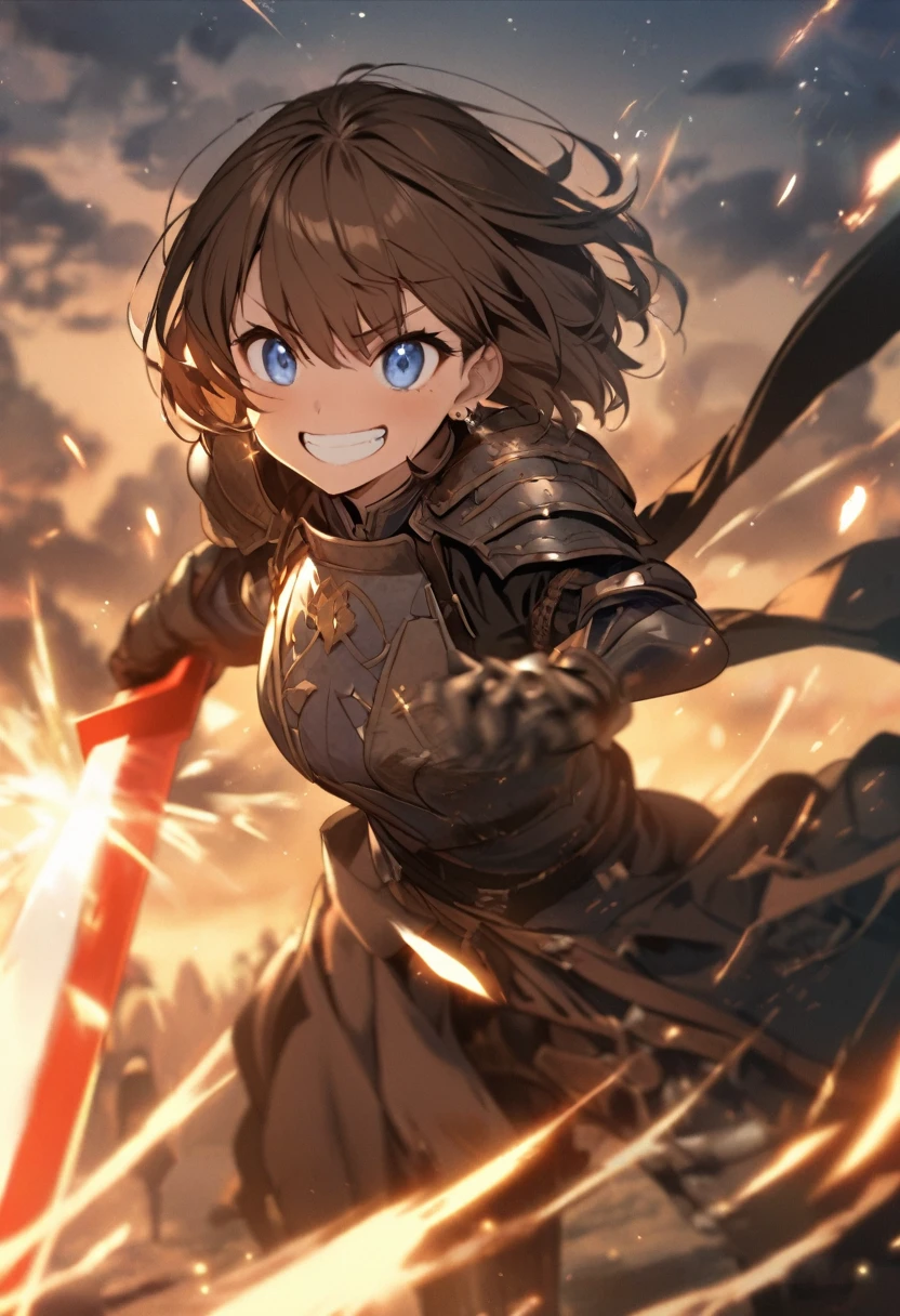 Brat, ((masterpiece)), High resolution, 、girl、 Brown Hair、Short Bob、((smile、Grin))、Excited、Sweating all over the body、Bright Blue Eyes、smile、((Grin))、Earrings、(((Holding a long sword、Cut in half)))、(((Red-bladed long sword)))、((Deathblow、mystery))、Sparks fly、Disturbed、Light、Strong winds、highlight、Motion Blur、Simple Armor(mini skirt、wind lift:0.3)、Shallow depth of field、((Shining starry sky))、(dusk)、final battle、tense、Fantastic、Powerful combat、Fight like a dance