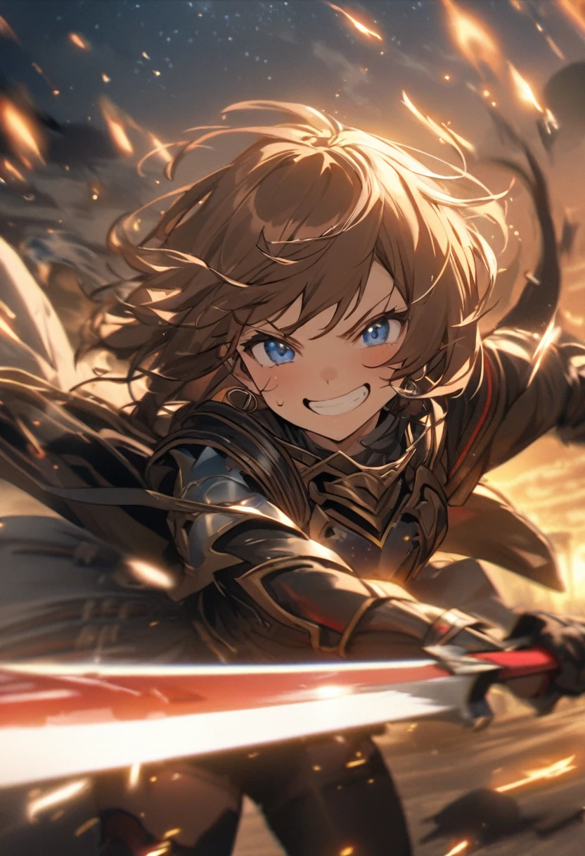 Brat, ((masterpiece)), High resolution, 、girl、 Brown Hair、Short Bob、((smile、Grin))、Excited、Sweating all over the body、Bright Blue Eyes、smile、((Grin))、Earrings、(((Holding a long sword、Cut in half)))、(((Red-bladed long sword)))、((Deathblow、mystery))、Sparks fly、Disturbed、Light、Strong winds、highlight、Motion Blur、Simple Armor(mini skirt、wind lift:0.3)、Shallow depth of field、((Shining starry sky))、(dusk)、final battle、tense、Fantastic、Powerful combat、Fight like a dance