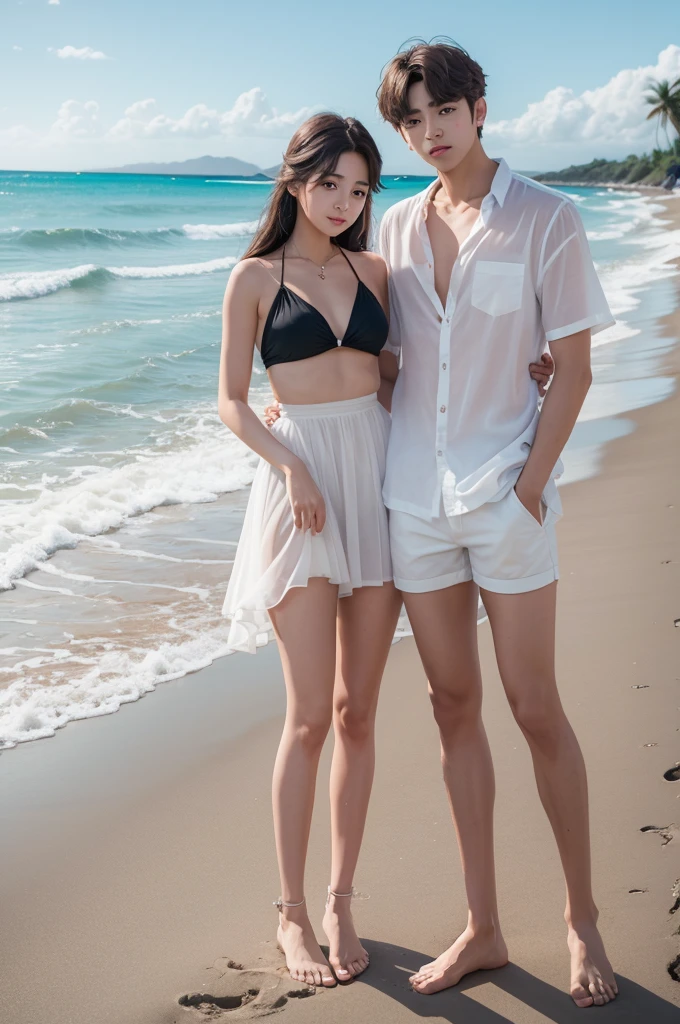 A handsome couple with K-pop idol-like features enjoying their time together on a beautiful beach with golden sands and clear blue waters, (best quality,4k,8k,highres,masterpiece:1.2),ultra-detailed,(realistic,photorealistic,photo-realistic:1.37),extremely detailed eyes and face,longeyelashes,flawless skin,toned physique,well-defined jawline,short dark hair,long flowing dark hair,V-shaped face,fit athletic build,fashionable swimwear,bikini,gentle waves,clear sky,warm sunlight,vibrant and lively,serene and happy atmosphere