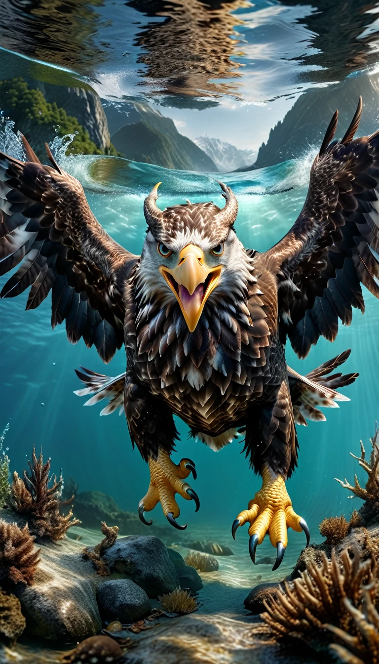 Panorama,There is a beast in the water,Looks like an eagle,The head has double horns(best quality,4K,8K,High level,masterpiece:1.2),Ultra Detailed,(lifelike,Photo real,Photo real:1.37),Highly detailed animals,Complex patterns,Realistic lighting,Fantasy Creatures