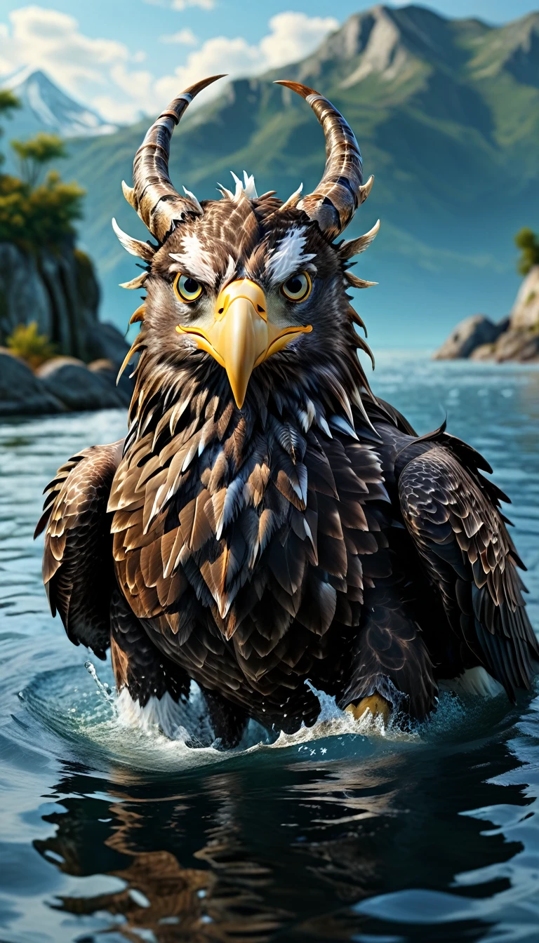Panorama,There is a beast in the water,Looks like an eagle,The head has double horns(best quality,4K,8K,High level,masterpiece:1.2),Ultra Detailed,(lifelike,Photo real,Photo real:1.37),Highly detailed animals,Complex patterns,Realistic lighting,Fantasy Creatures