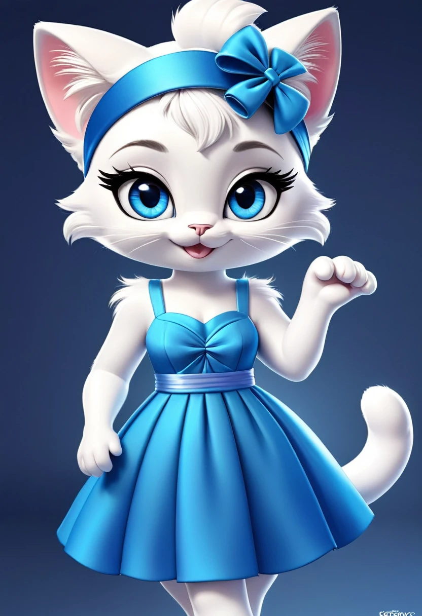 A white cartoon 3D cat，Has big blue eyes，Long eyelashes，Line eyebrows，smiling，Wearing a blue dress，Wearing a headband
