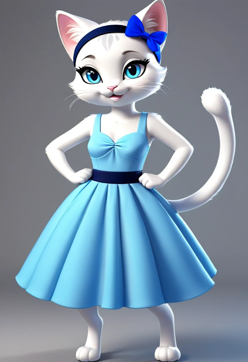 A white cartoon 3D cat，Has big blue eyes，Long eyelashes，Line eyebrows，smiling，Wearing a blue dress，Wearing a headband

