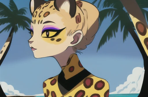 clawroline,a leopard, female, makeup eyes, anthropomor, cute, female silhouette, in a beach