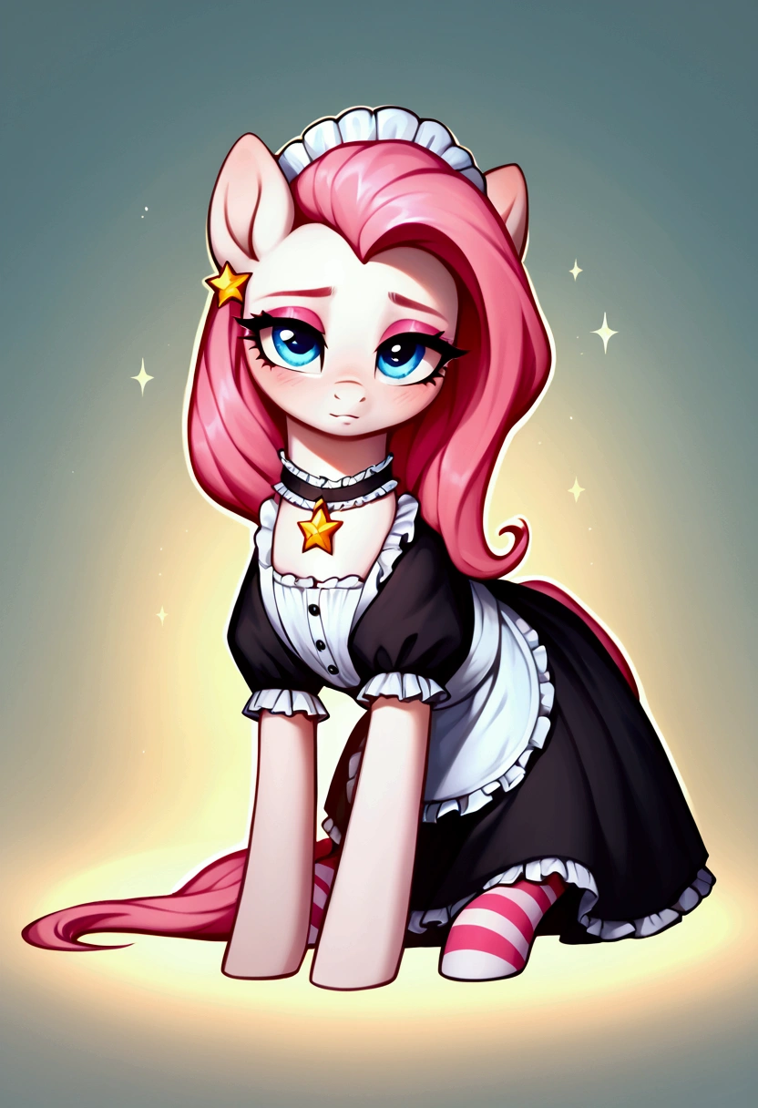 score_9,score_8_up,score_7_up,score_6_up, ((my little pony)), radiant lighting, vibrant colors, whimsical atmosphere, 8K, high resolution, highly detailed, masterpiece, (shy look), (((pony body))), ((brightness white body)), blue eyes, (maid costume), striped stockings, star pendant, earrings, eyeshadow, (very long pink hair:1.3), (((seductive view)))