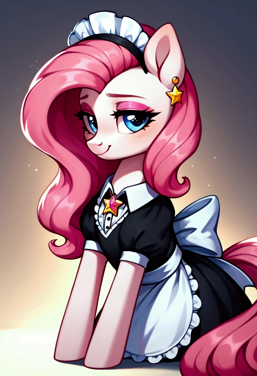 score_9,score_8_up,score_7_up,score_6_up, ((my little pony)), radiant lighting, vibrant colors, whimsical atmosphere, 8K, high resolution, highly detailed, masterpiece, (shy look), (((pony body))), ((brightness white body)), blue eyes, (maid costume), striped stockings, star pendant, earrings, eyeshadow, (very long pink hair:1.3), (((seductive view)))