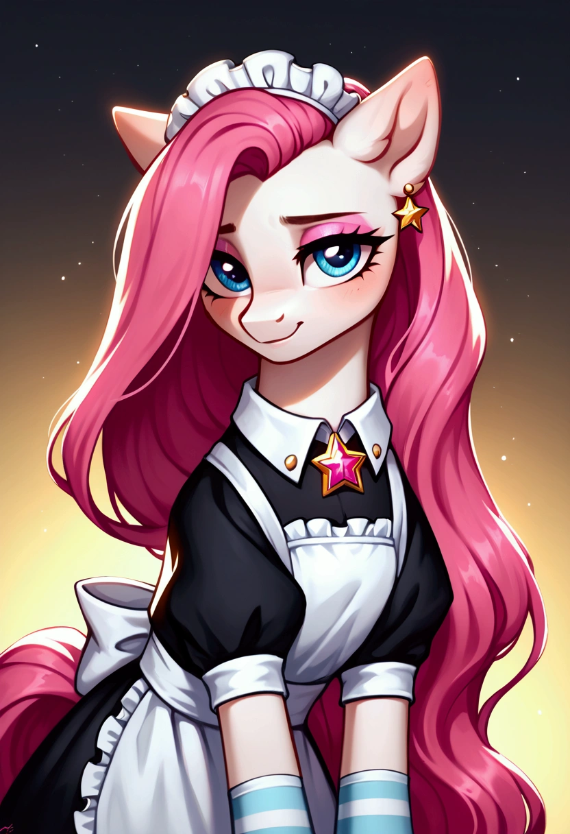 score_9,score_8_up,score_7_up,score_6_up, ((my little pony)), radiant lighting, vibrant colors, whimsical atmosphere, 8K, high resolution, highly detailed, masterpiece, (shy look), (((pony body))), ((brightness white body)), blue eyes, (maid costume), striped stockings, star pendant, earrings, eyeshadow, (very long pink hair:1.3), (((seductive view)))