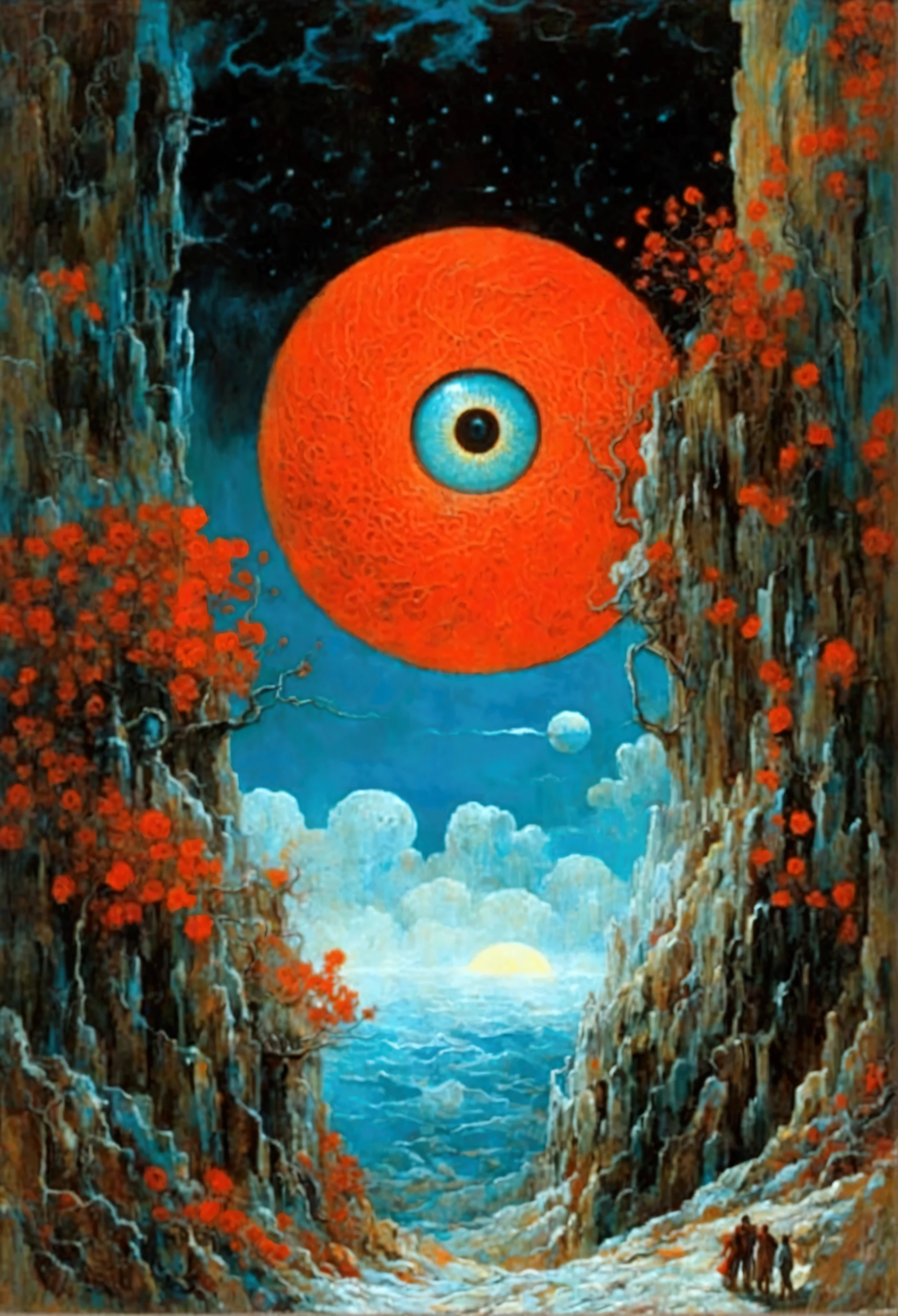 Mythical creatures, author:Zdzislaw Beksiński and Vincent van Gogh, Red moon and big eyeucha