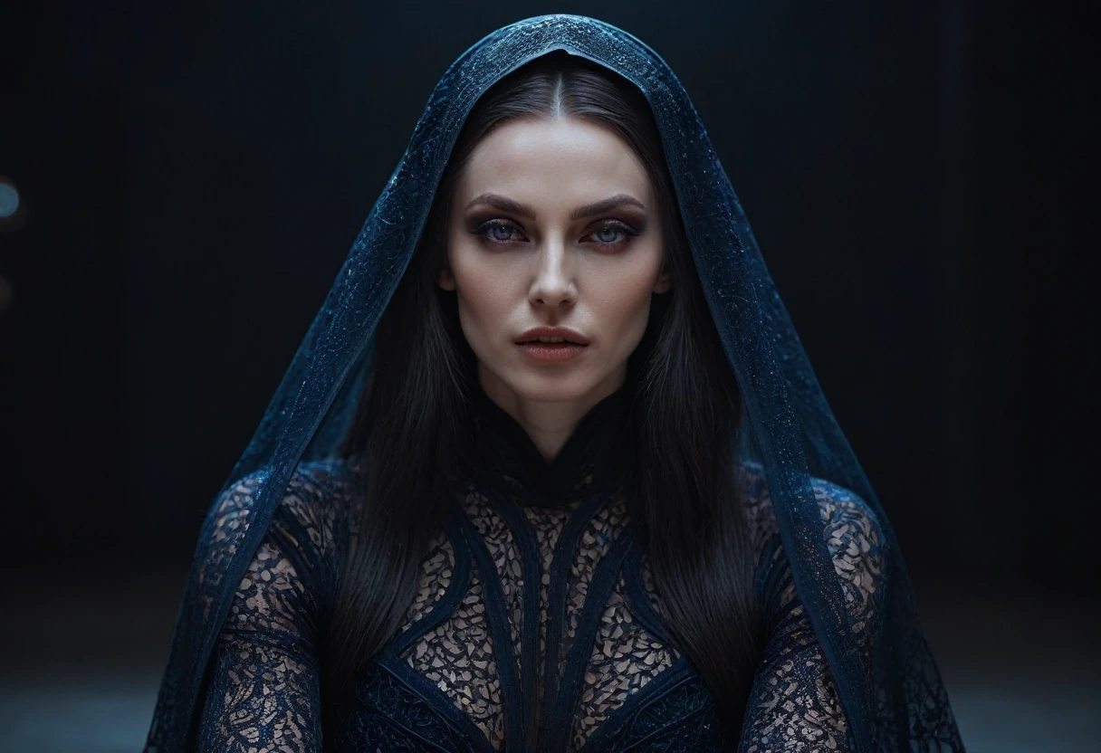 Fashionable of androgynous alien looking witch wearing veil, glowing eyes, beautiful evil slavic muscular woman, pale skin, long hair, futuristic design, minimal details, givenchy, photoreal, 200mm, hd, f/ 2.0, highly detailed, surreal, sitting, light smile, simple black stylish clothes, a slight smiledrop dead, in the style of red and blue, (intricate details, hyperdetailed:1.15) (skin texture:1.2), cinematic, professional, 4k, (((dynamic model pose))), sitting, full body, mesmerizing, dynamic, dramatic, dynamic pose, highly detailed skin with hair, subcutaneous veins, light and shadow play, highly detailed,24mm photograph, bokeh, professional, 4k,