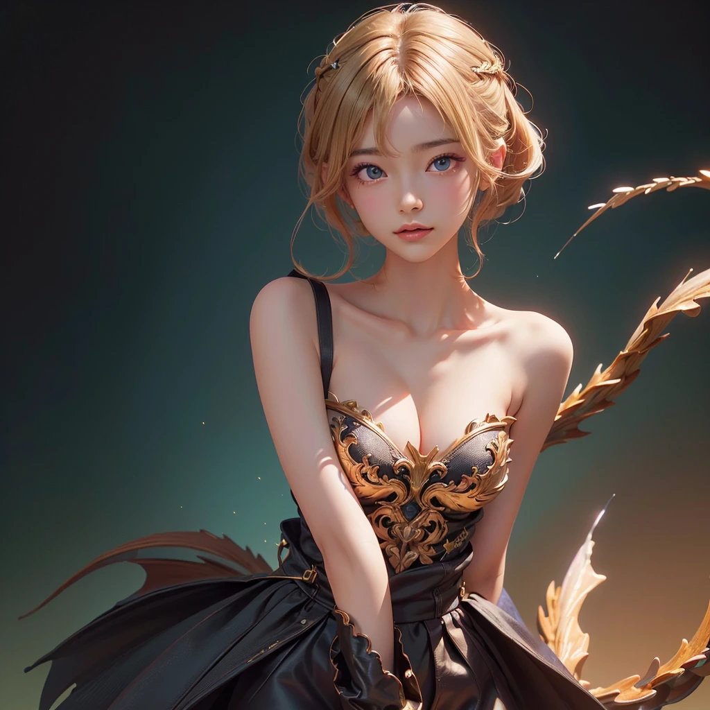 Polychrome,, night, dark, blonde, Show Viewer, In-person audience, Limited Edition Palette, Dragon Background, Shine,(Highly detailed CG Unity 8k wallpaper),(masterpiece), (Highest quality), (Vaporwave Style), (Super detailed), (Best illustrations),(Best Shadow),Perfect lighting , Perfect Anatomy , Vibrant colors、