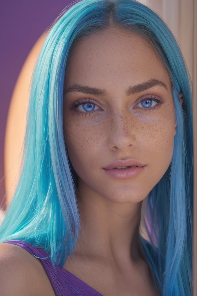 raise 1 girl, 19yearsold, instagramart, hyper realistic digital influencer, long blue hair, divine body and clear skin, striking freckles on the face, Brazilian, fully body, greeneyes, breasts big, Waist slender, wide hip, redgown, dusty clothes,((sharpy face, face detailed, lifelike face, skin natural, realisic skin, skin detailed, pores)),high quality, best qualityer, work of art, cinematic lighting, ((perfects eyes, detailedeyes,realisticeyes)), morning, claro background, (no shopping, atmosphere of joy, Purple style, cheerful lighting, subdued colors, subtle)