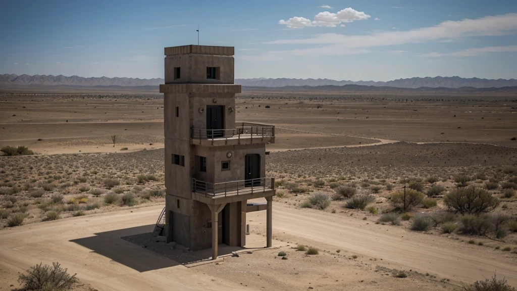 high,Military watchtower made of dark concrete.,in a desert,garage attached to the side,
