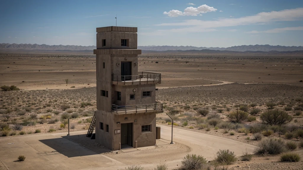 high,Military watchtower made of dark concrete.,in a desert,garage attached to the side,