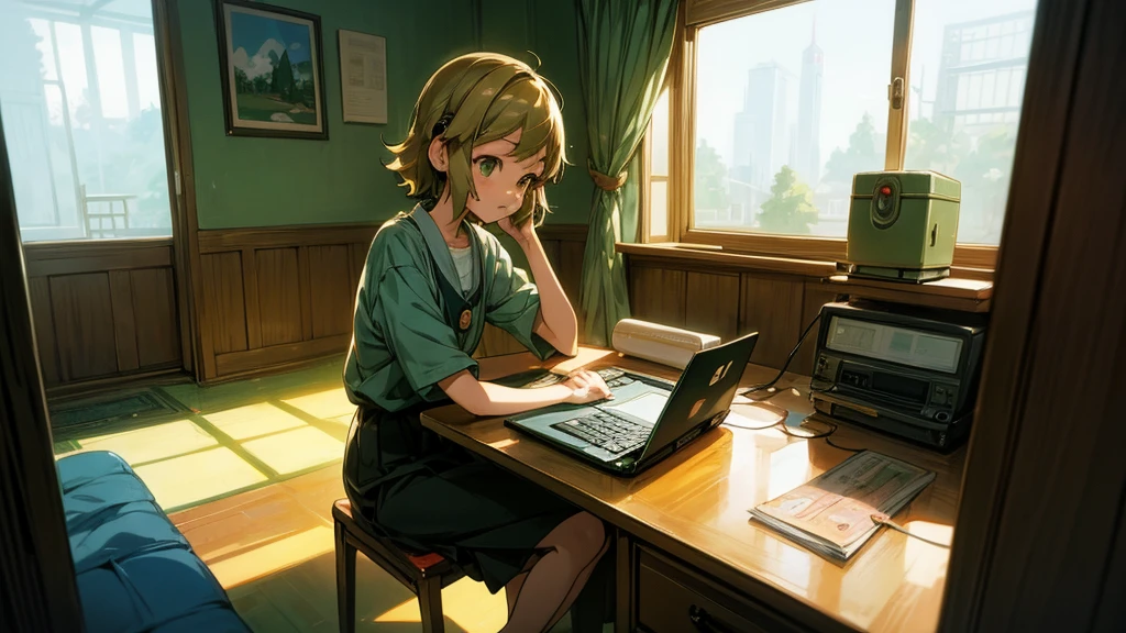 anime character sitting at a desk with a laptop and headphones, lofi girl, lofi artstyle, style in ghibli anime, style in ghibli anime style, lofi colors, lofi art, ghibli studio anime style, lofi girl aesthetic, satoshi kon artstyle, chihiro! fujisaki, lofi feel, studio ghibli anime screenshot