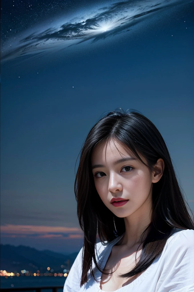 (masterpiece、top quality、High level image quality、ultra high resolution,In 8K), (original photo:1.2), (realistic:1.4), (She&#39;s a beautiful woman,sexy woman,japan어,Handsome、alone),Woman in agony and despair,Beautiful and tender photo of a physically and mentally exhausted woman、young、The emotional landscape reflects her spirit、A cool wind blows、(late summer night sky、star at night、galactic)、look up at the sky、japan、professional photography