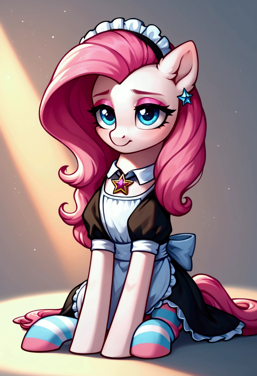 score_9,score_8_up,score_7_up,score_6_up, ((my little pony)), radiant lighting, vibrant colors, whimsical atmosphere, 8K, high resolution, highly detailed, masterpiece, (shy look), (((pony body))), ((brightness white body)), blue eyes, (maid costume), striped stockings, star pendant, earrings, eyeshadow, (very long pink hair:1.3), (((slutty character)))