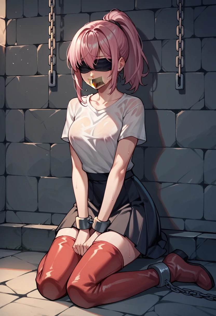 check_9, check_8_up, check_7_up, check_6_up, check_5_up, check_4_up, source_Anime, 1 woman, BDSM, value, pink hair, ponytail, blindfold,Put a chain around your neck, tape your mouth shut, WW chain, shackles, raise your hands, dirty hair, Sweaty Shirt, skirt, red thigh-high boots, night, answer, dungeon, Best quality, answer, 4k uhd,
 