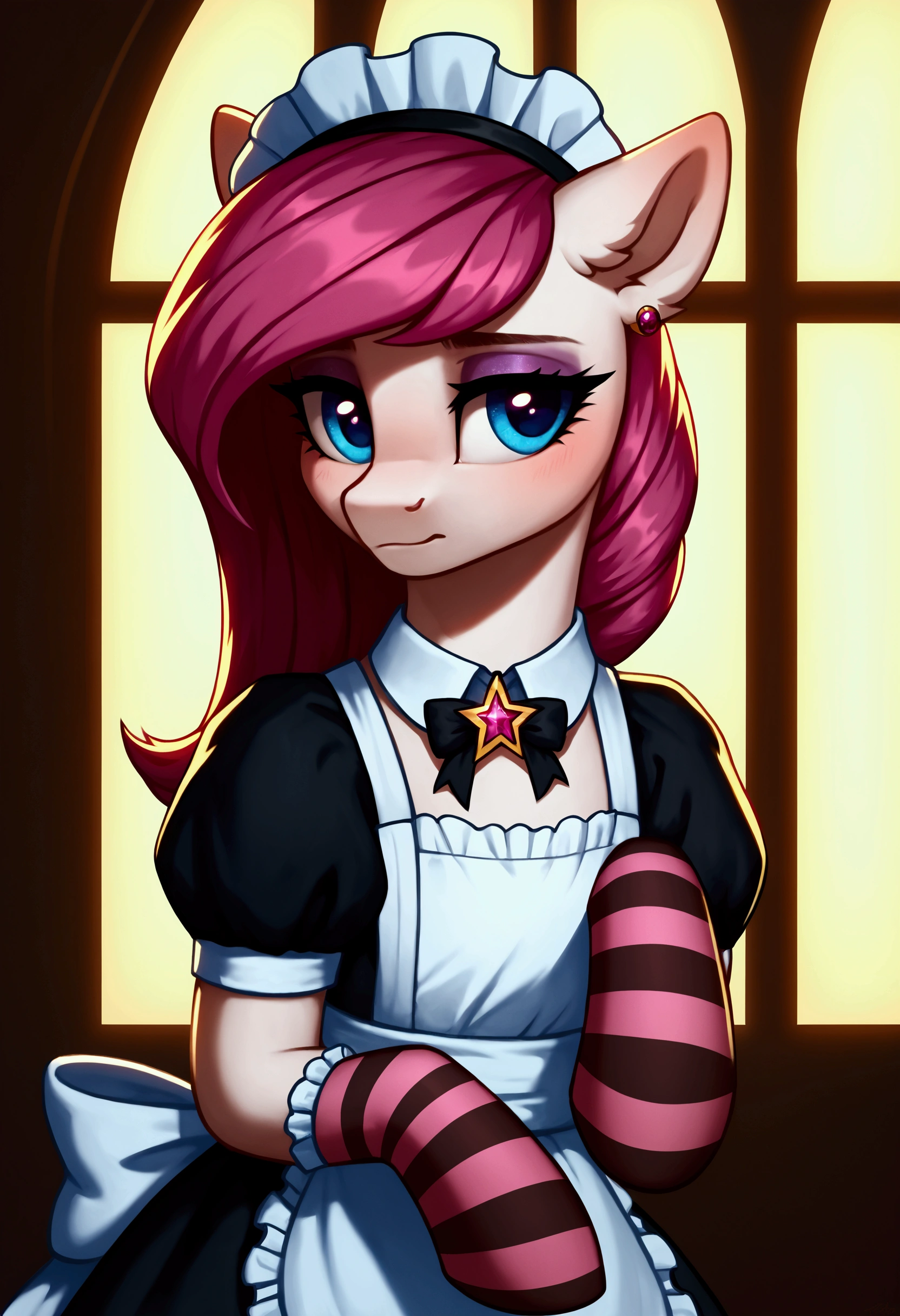 score_9,score_8_up,score_7_up,score_6_up, ((my little pony)), radiant lighting, vibrant colors, whimsical atmosphere, 8K, high resolution, highly detailed, masterpiece, (shy look), ((pony body)), white body, magenta hair, blue eyes, (maid costume), striped stockings, star pendant, earrings, eyeshadow, medium-long hair