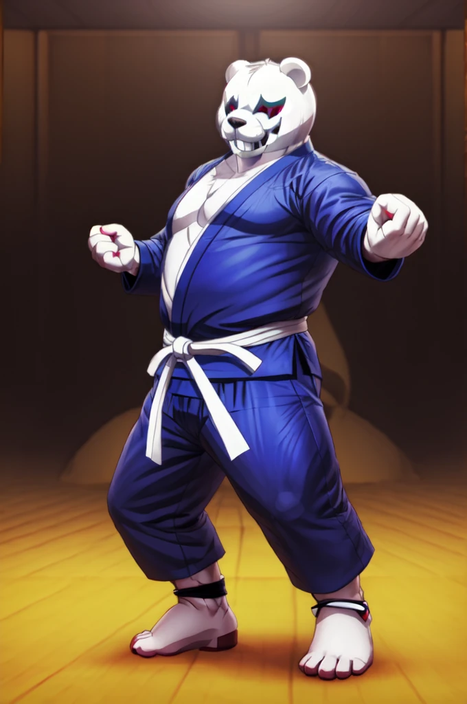 (((Barefoot furry character, full body, cinematic setting, furry male, plantigrade)))

(((monokuma))), bear, grin, teeth, half black and half white, judo, blue kimono, (((ankle braces))), (((martial art footwear)))

BREAK, masterpiece, ((detailed background)), ((dynamic background)), 8K, (masterpiece:1.5), intricate details, highly detailed, extreme detail, octane render, unreal engine, fine art, best quality, highres, (detailed face:1.5), ((full_body)), UHD, (((perfect hands))), low light, set at night