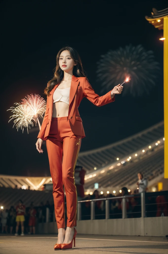 (((best quality))), (((ultra detailed))), (((masterpiece))), illustration, ((1 beautiful Chinese girl,solo)),(shoulder length straight hair:1.2),((slim,thin)),((small breasts,flat chest)),((red suit blazer, yellow pants)), excitement, pride,confident, anticipate, vibrant colors, Opening Ceremony, Olympics, enthusiastic fans, French stadium, fireworks, national colors, activity, vendors, snacks, souvenirs, roar of the crowd, historic event, electric atmosphere, beauty, joy, proud representation, pageantry, spectacle, Games, celebration, sport, boundaries, differences, snapshot, spirit,((from front,full body))