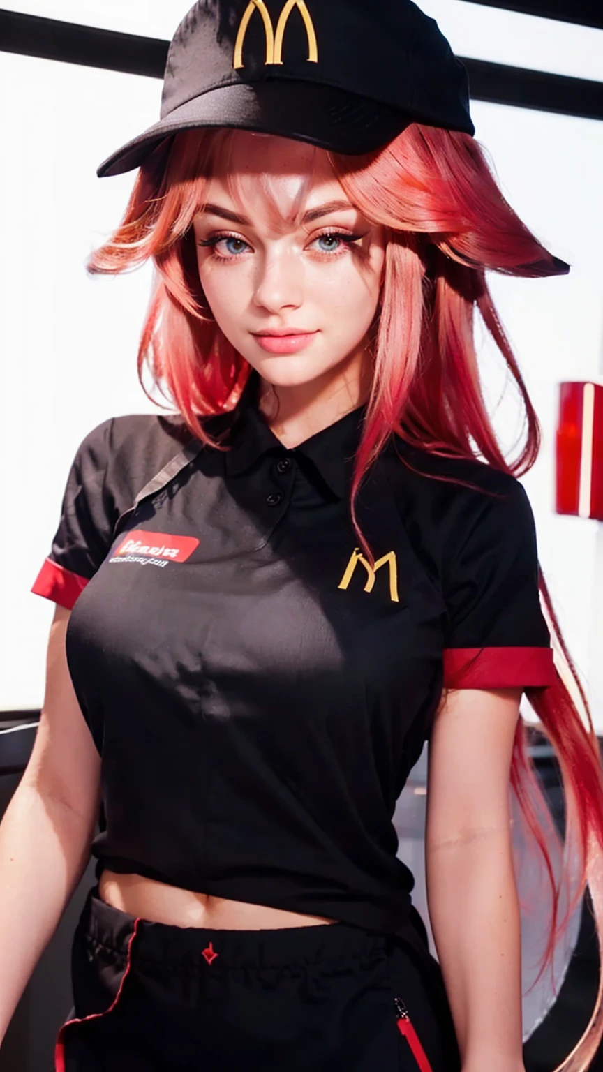 cleavage showing, perfect young girl, fast food worker, highly detailed, intricate, realistic, cinematic lighting, photorealistic, 8k, masterpiece, hyper detailed, cinematic composition, beautiful detailed eyes, beautiful detailed lips, extremely detailed face and portrait, delicate facial features, long eyelashes, flowing hair, dynamic pose, working at fast food restaurant counter, apron and uniform, friendly expression, warm lighting, depth of field, photographic quality